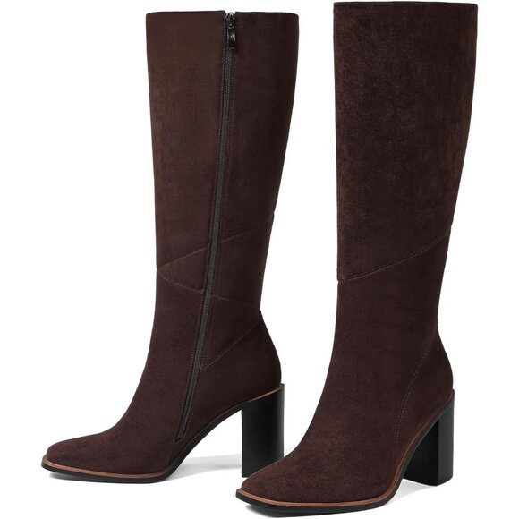 Women’s Polyurethane Chocolate Square Toe Chunky Block Heel Leather Zip Up Boot - Picture 1 of 8